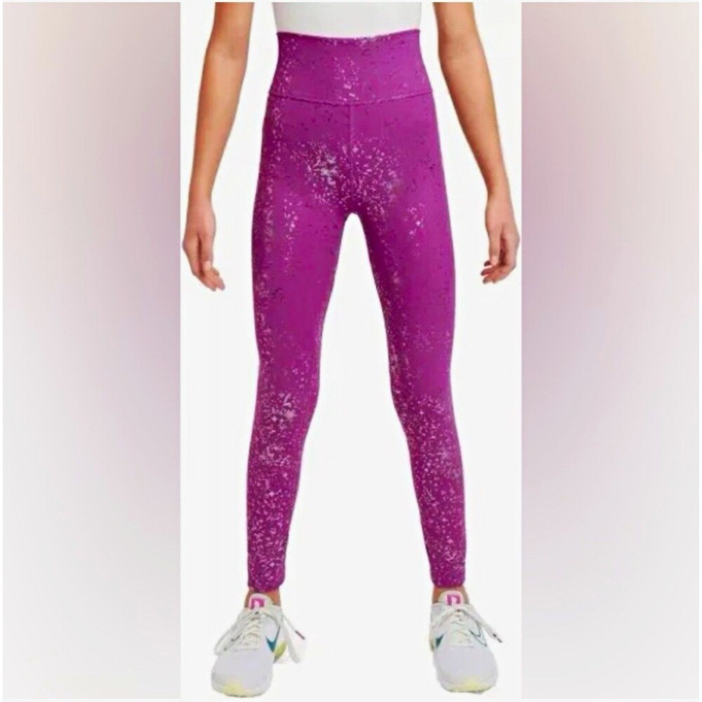 Nike Girls One High Rise Leggings Medium M 10-12 Metallic Foil Sparkle Purple